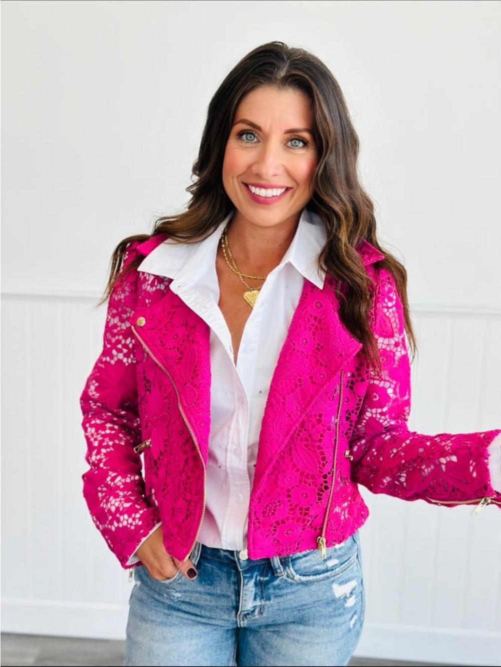 blue b Women’s Fuchsia Lace Moto Jacket